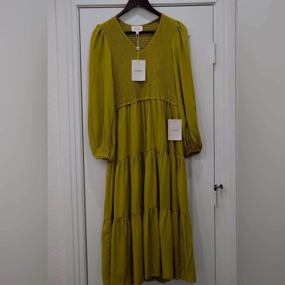 Smocked Tiered Midi Dress in Chartreuse